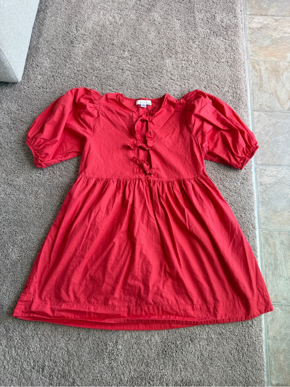 Bright Red Puff-Sleeve Mini Dress with Front Tie Details m 100% cotton